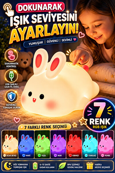 OpenCity Dokunmatik Tavşan Gece Lambası RGB Renk Değiştiren Şarjlı Çocuk Odas...