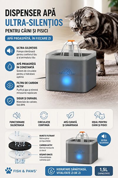 Fish & Paws Dispenser apă ultra-silențios Fish & Paws® pentru câini și pisici, cu filtru de carbon activ, Gri.