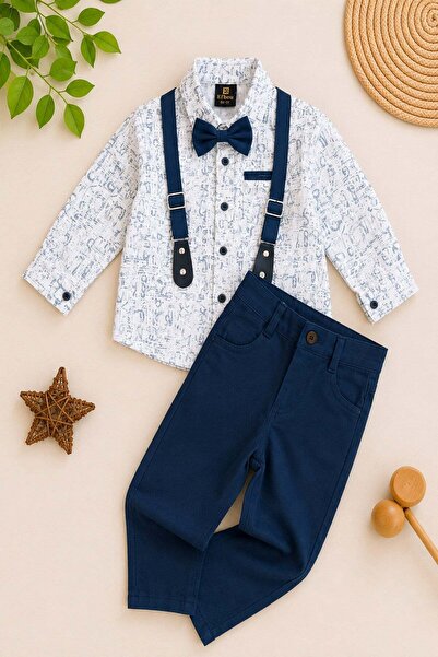 Boys Long Sleeve Pattern Shirt Bow Tie Strappy Pants Set of 4