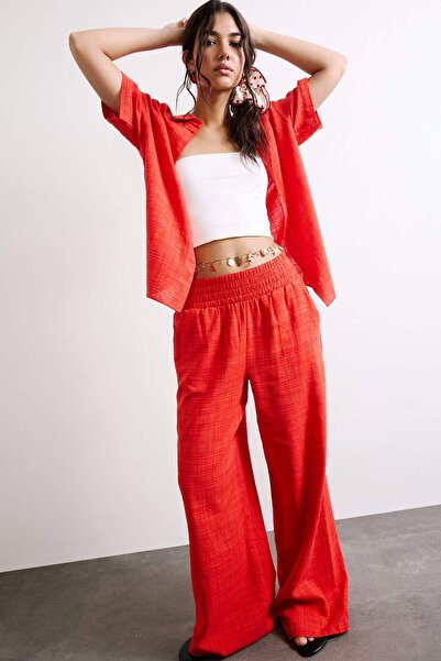 DeFacto Wide Leg High Elastic Waist Red Palazzo Trousers with Pockets A9129Ax...