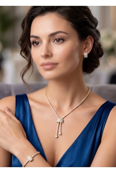 Kristal Gold Taşlı Kolye set