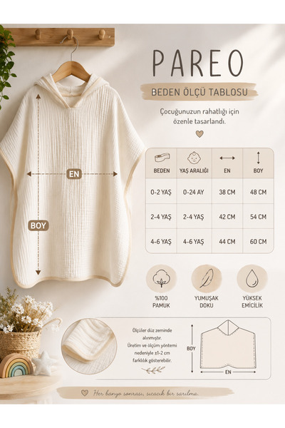 Tomuycuk Teddy Bear Embroidered 100% Cotton Muslin Ecru Pareo Towel - Baby & Kids Beach and Bath Poncho (0-2 Years)