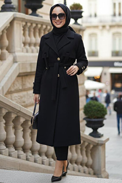 N.S NEVA STYLE Kemerli Siyah Tesettür Kaşe Kap 6264S