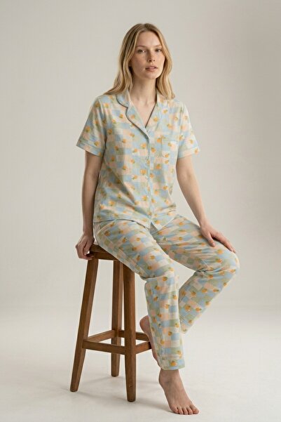MORRO Women's Pastel Checkered Pocketed Cotton Short Sleeve Pajama Set