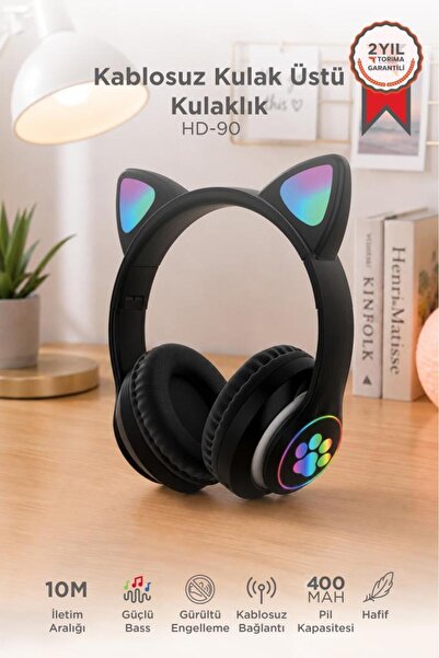 Torima Bluetooth Kulaklık Kulak Üstü Kedi Tasarımlı Kablosuz Kulaklık HD90 Siyah