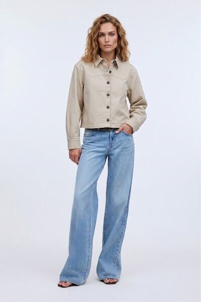 blue white Women's Beige Buttoned Seasonal Jean Jacket