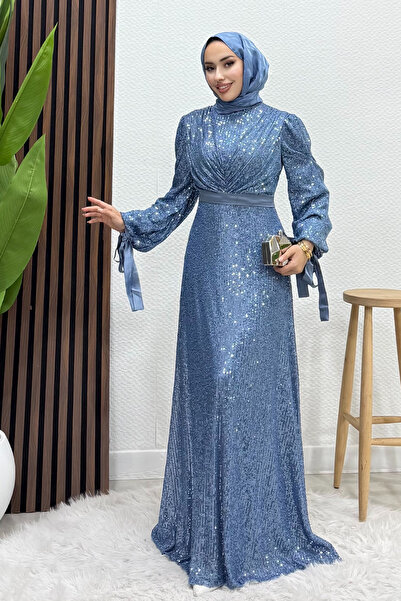 Lamia Giyim Göğsü V Drapeli Elbise Mavi
