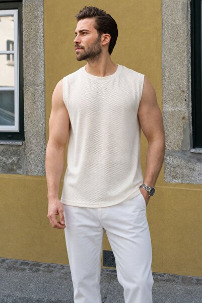 Madmext Ecru guler rotund jacard Tricou fără mâneci pentru bărbați E7180