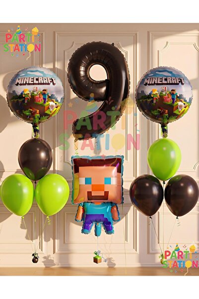 Parti Station Minecraft Konsept Doğum Günü 9 Yaş Balon Set Minecraft Parti Te...