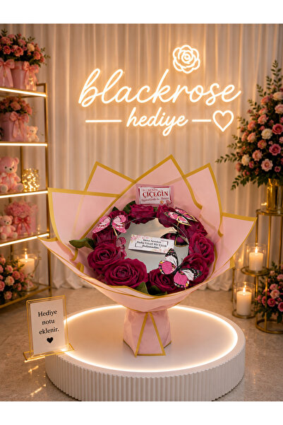 blackrosehediye Uzun Saplı Fuşya Pembe Aynalı Yapay Gül Buketi | Kelebek Deta...