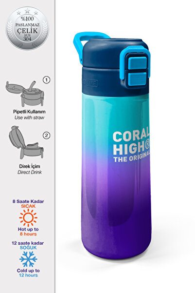 Coral High Kids Mor Renk Geçişli Desenli Pipetli ve Direkt İçim Çelik Termos ...