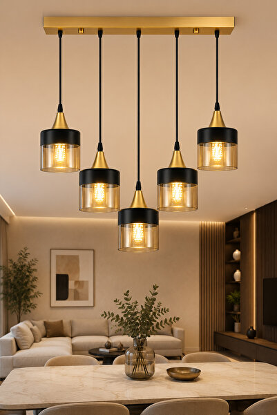 ESSLİGHT Nice 5’li Eskitme Bal Camlı Modern Salon Mutfak Yatak Odası Avizesi