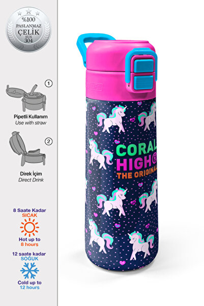 Coral High Kids Lacivert Pembe Unicorn Desenli Pipetli ve Direkt İçim Çelik T...