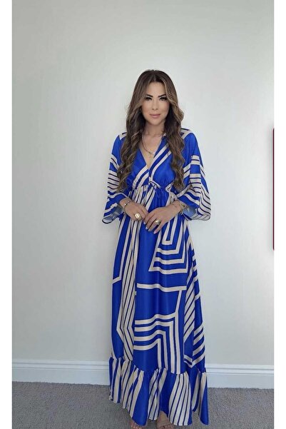 QİMYA BUTİK Buketli̇ Women Front & Back V Neck Patterned Cotton Satin Maxi Le...