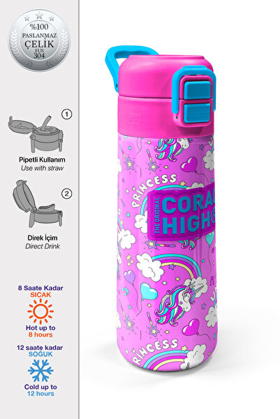 Coral High Kids Mor Açık Pembe Unicorn Desenli Pipetli ve Direkt İçim Çelik T...