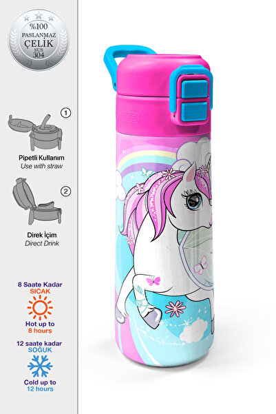 Coral High Kids Mavi Neon Pembe Unicorn Desenli Pipetli ve Direkt İçim Çelik ...