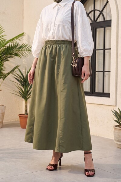 Modamorfo Elastic Waist Pocketed Parachute Skirt -Khaki