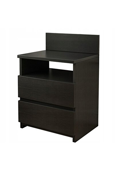 Muvu Noptieră neagră cu 2 sertare, rafturi moderne pentru dormitor, 59 cm, st...