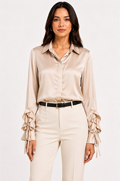 Basics&More Women's Satin Shirt Long Sleeve Lace Sleeve Stylish Blouse - Stone