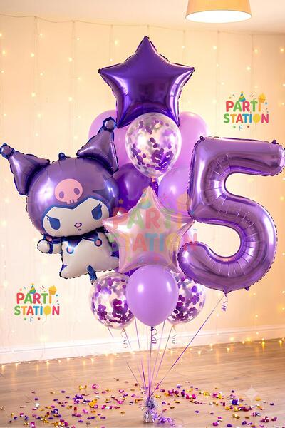 Parti Station Sanrio Kuromi 5 Yaş Mor Balon Set Anime Hello Kitty Kuromi Kons...