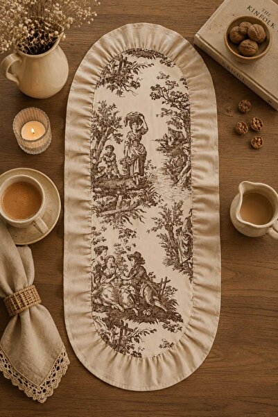 linea natura home Kahve Fransız Köylü Desenli Fırfırlı Oval Runner Keten Toil...