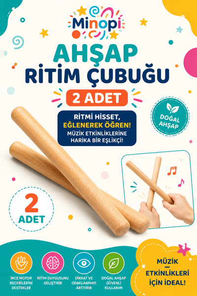 Minopi 20 cm 1 Çift Ahşap Ritim Çubuğu Perkusyon Müzik Sopası Toplam 2 Adet