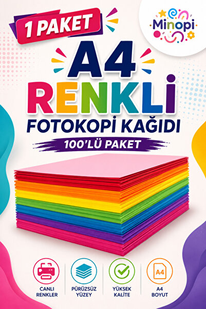 Minopi 1 Paket Renkli Fotokopi Kağıdı Renkli A4 Kağıdı Paketi 100'lü