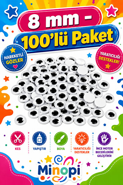 Minopi Oynar Göz Siyah 8 mm 100'lü Paket Oynayan Göz Hobi Tasarım Anasınıfı K...