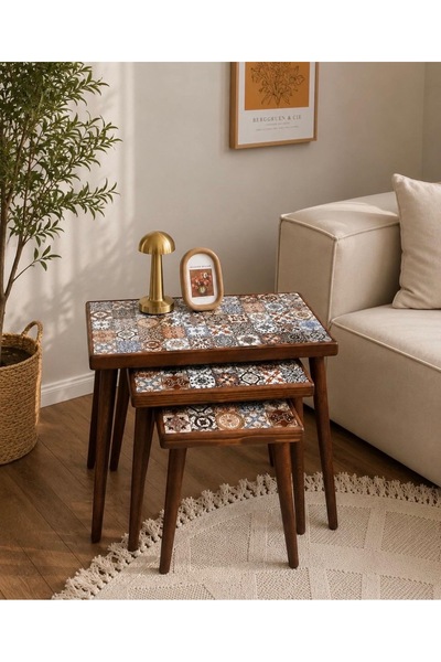 SİNA HOME DESİGNS Ceviz Sehpa Seramik Sehpa 3'lü Zigon Sehpa Takımı