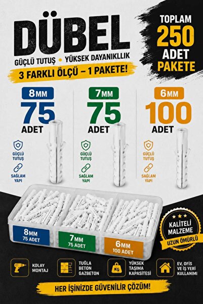 GenelTedarik 250ADET DUBEL SETİ (6MM 7MM 8MM)