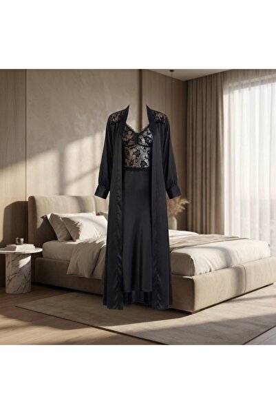 Lady Lingerie طقم قميص نوم وروب نسائي من الساتان - فستان طويل مع تطريز دانتيل...