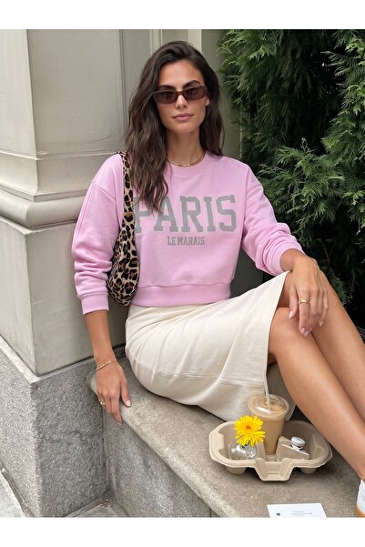 ONLOOX Candy Pink Cotton Crew Neck Three Yarn Ribbed Paris Printed Ribbed Swe...