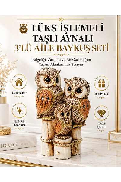 e-life shop Lüks İşlemeli Taşlı Aynalı 3'lü Aile Baykuş Biblo Premium Ev Ofis...