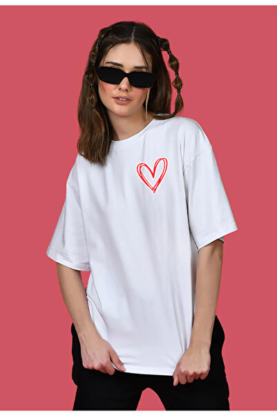 Pink Sky Oversize kroj Srce Štampano Pamuk T-shirt