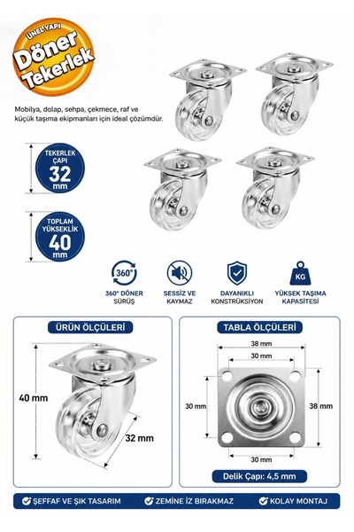 Zet Tablalı Dönerli Mobilya Tekerleği 32 mm Şeffaf Renk Yük Taşıma Tekeri (4 ...
