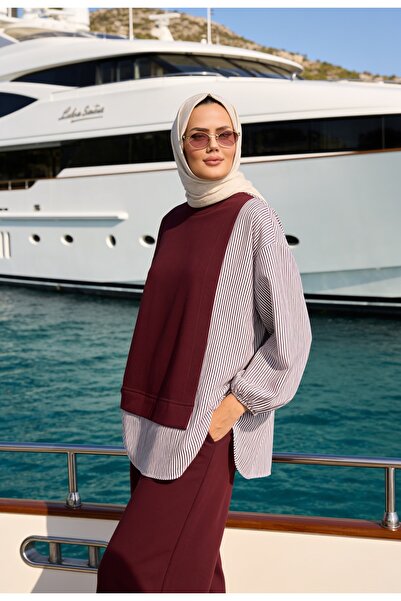 Aselim Hijap Moda Kadın Tesettür Takım Line İkili Gömlek Takım KoyuBordo