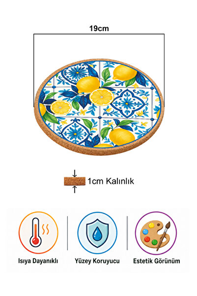 iyi fikirler Sicilya Limon Temalı Mantar Nihale Tencere Tava Altlığı 19cm Çapında 1cm Kalınlığında