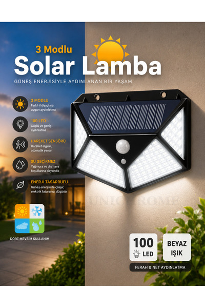Unichrome 100 Led Solar Pır Hareket Sensörlü Su Geçirmez Duvar Lambası Ip65