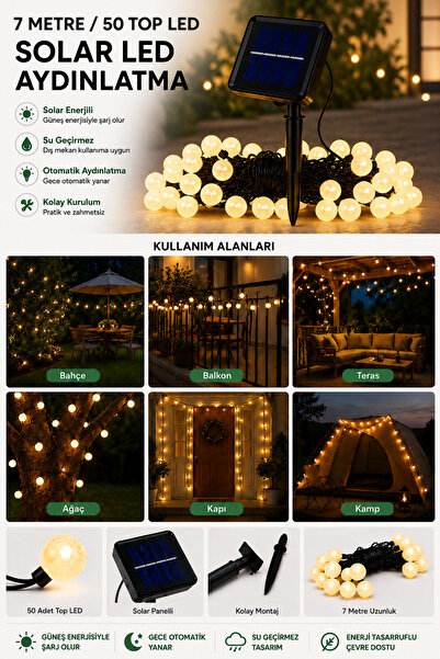 SULED Dekoratif 7 Metre 50 Top Led Solar Balkon Teras Ağaç Bahçe Aydınlatması