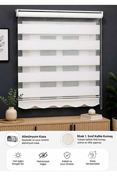 Nursu Perde Beyaz Geniş Plise Etek Dilimli Zebra Stor Güneşlik Perde