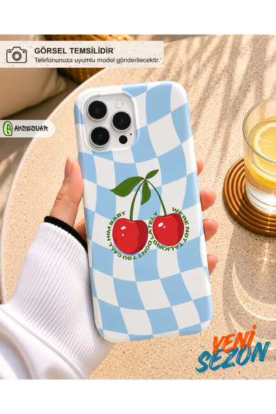 Q Aksesuar iPhone 13 / 14 / 15 Uyumlu Kiraz Desenli Mavi Ekose Tasarım Telefo...