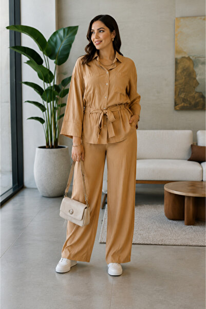 Selence Cotton Shirt with Elastic Waistband Detail Beige