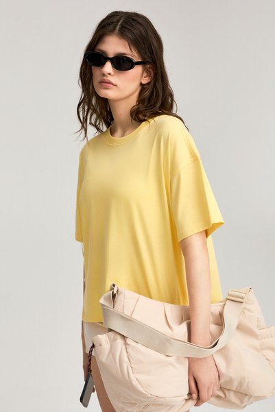 Urban Beat Naysa women's 100% organic cotton relaxed fit slit round neck yellow t-shirt