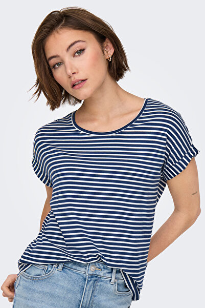 ONLY Kadın Bisiklet Yaka Kısa Kollu Çizgili Lacivert T-Shirt - 15206243