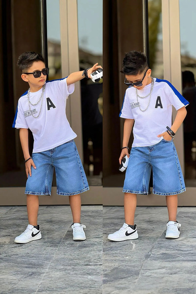 Minigimin Cicileri My Little Boy's Printed Denim Shorts Set - Blue