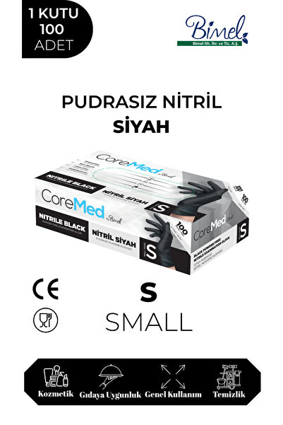 COREMED 100 قطعة من قفازات فحص النتريل السوداء - خالية من البودرة، صغيرة الحجم