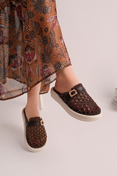 SEFERİ Women's Brown Tulle Full Orthopedic Smart Padded Buckle Daily Slippers...