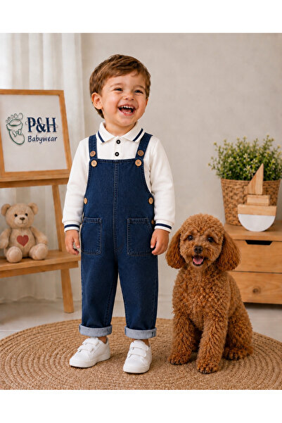 P&H BABYWEAR Polo Yaka Uzun Kollu ve Kot Askılı Tulum Erkek Bebek/Çocuk Takımı