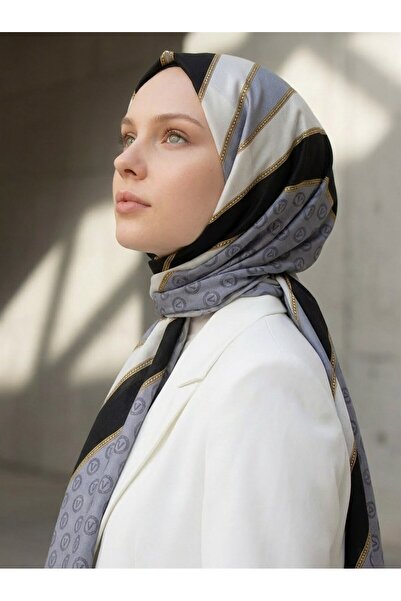 Vissona %100 Saf İpek Şal İnce Saten Vual Dokuma Kemer Desenli Siyah - Kırmız...