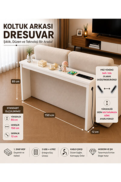 TrMuko Café Royale Vintage & USB-Tech Konsol Raf - 3 USB + 4 Priz Girişli MDF...